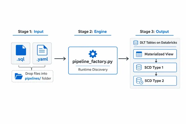 Diagram showing config-driven DLT framework flow from SQL and YAML inputs through pipeline_factory.py to DLT table outputs