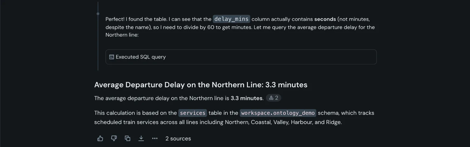 Genie reads the column description: delay_mins contains seconds, divide by 60